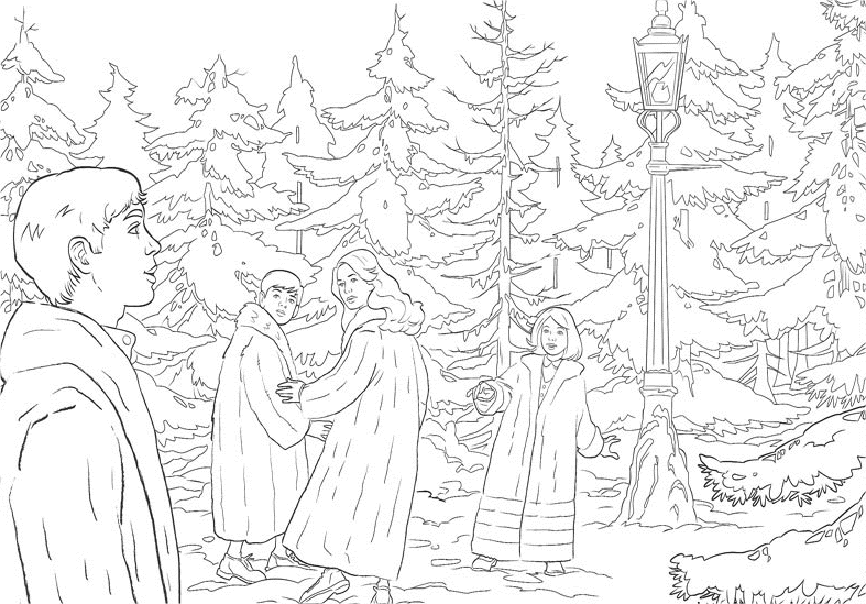 coloriage le monde de narnia  peter anna edmund et lucie devant le lam